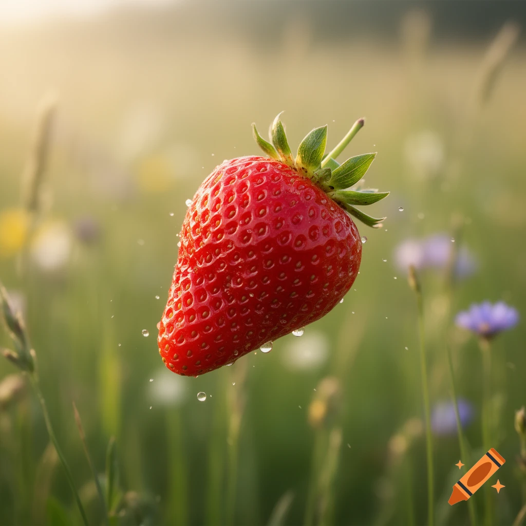 A close-up, photorealistic image of a vibrant red strawberry with water droplets, floating in a blurry green and yellow field at sunset.