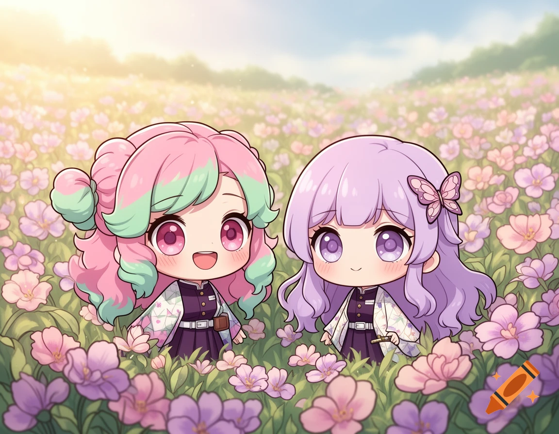 Two chibi anime girls, Mitsuri with pink and green hair and Kanae with purple hair and a butterfly clip, stand in a field of vibrant purple and pink flowers.