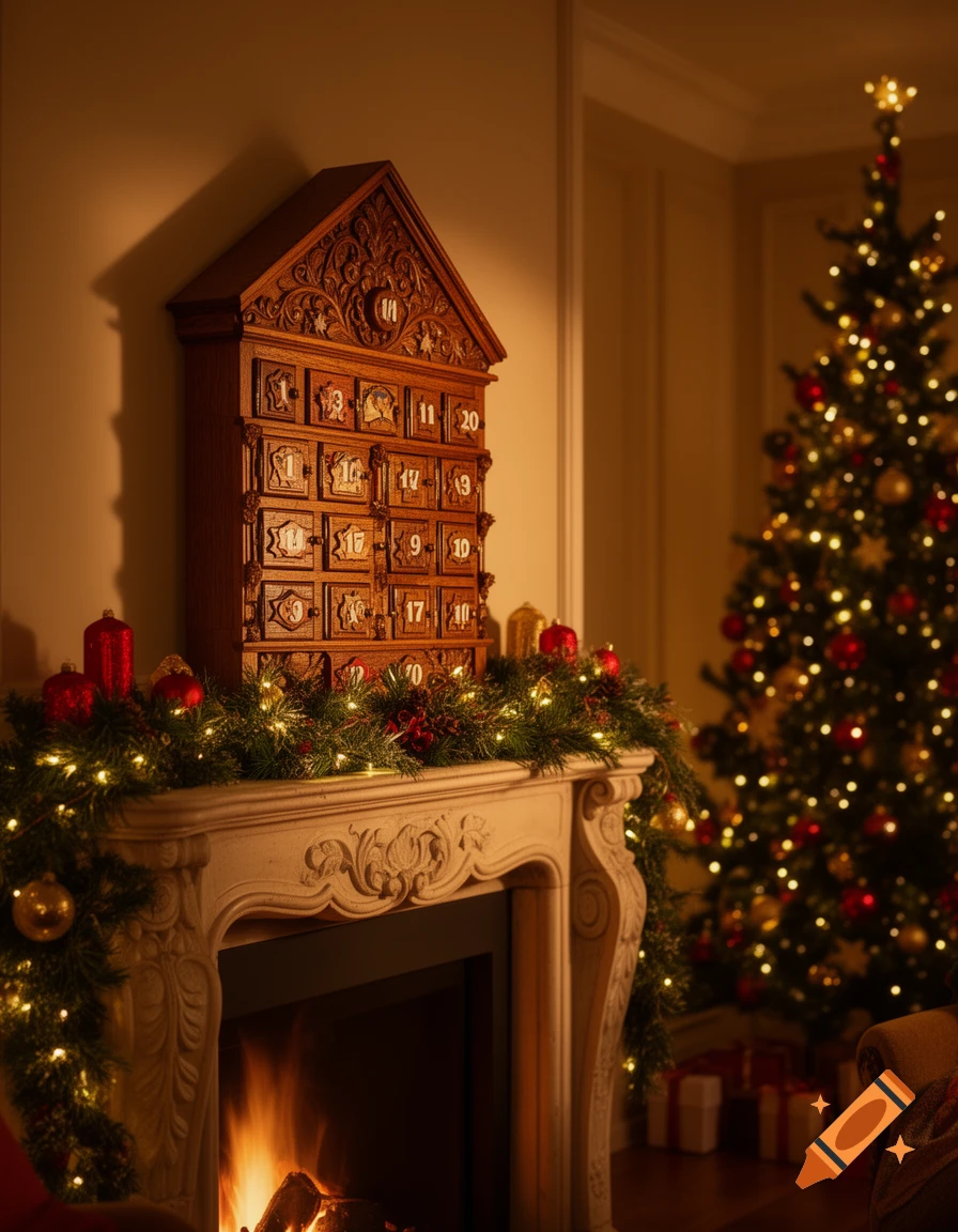 A cozy, warm Christmas scene with a lit fireplace, decorated mantelpiece with an advent calendar, and a festive Christmas tree in the background.