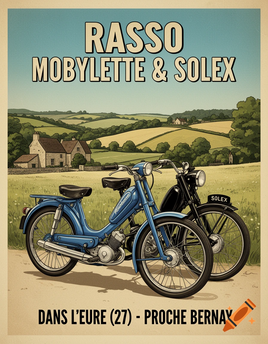 Vintage poster of a blue Motobécane and a black Solex moped in a rural Normandy landscape, with event text.