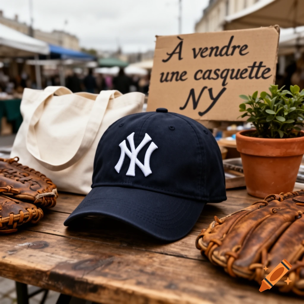 A navy New York Yankees baseball cap, baseball mitts, and a sign reading 'For sale a NY cap' on a wooden table at an outdoor market.