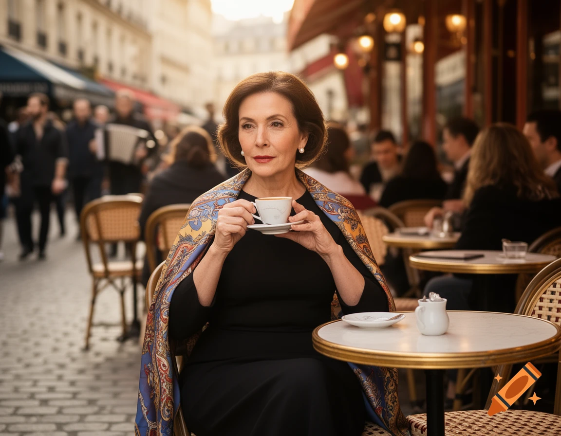A sophisticated woman in a black dress and patterned shawl sips coffee at an outdoor cafe table on a sunny city street.