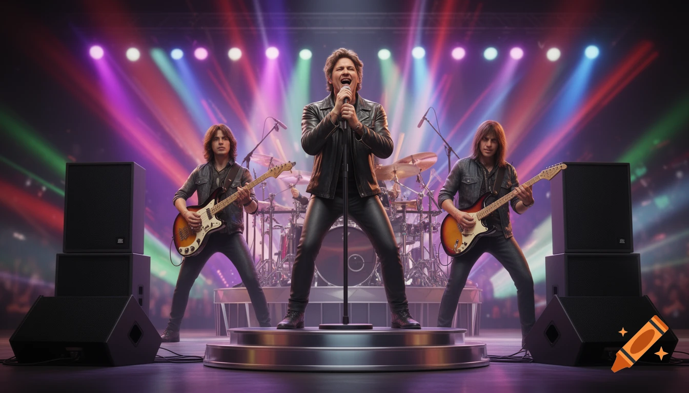 A rock band performs on stage under vibrant spotlights, featuring a lead singer, two guitarists, and a drummer. Speakers flank the stage.