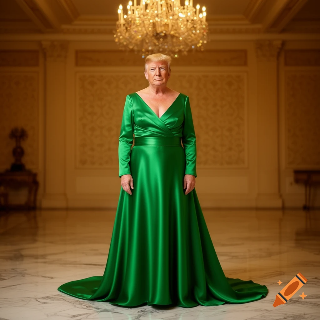Donald Trump wearing a flowing green satin gown in a grand ballroom with a chandelier.