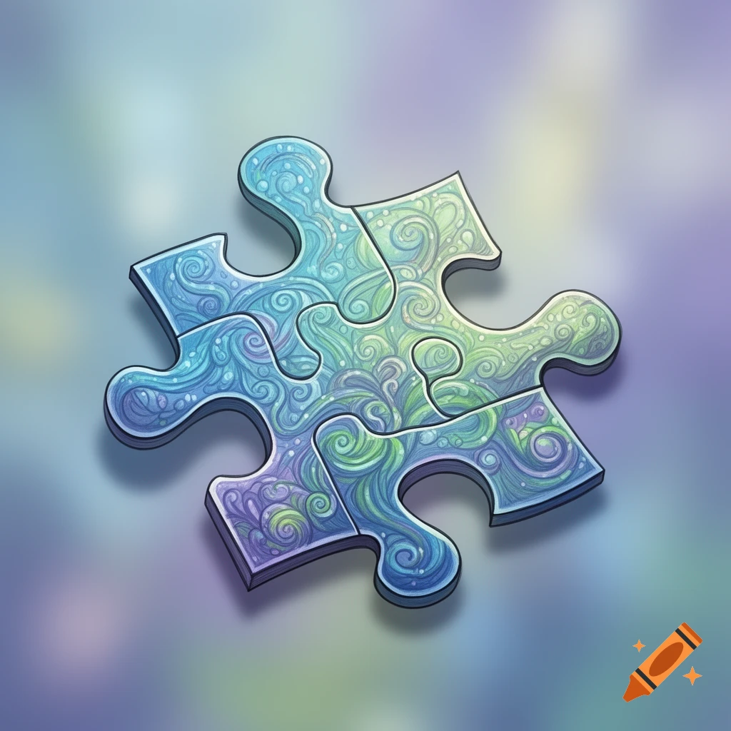 A single puzzle piece with intricate blue, green, and purple swirling patterns, centered on a soft, blurred background.