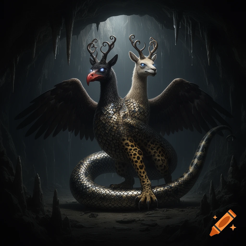 A two-headed mythical creature with dark and light heads, glowing blue eyes, spiraling horns, eagle wings, and a scaled, spotted body in a dark cave.