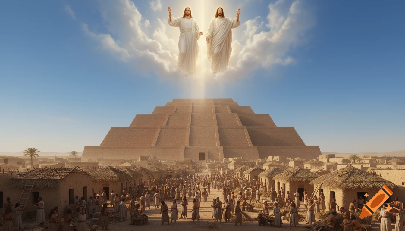 Two figures resembling Jesus descend from a cloudy sky above a large ziggurat, surrounded by a village of people.