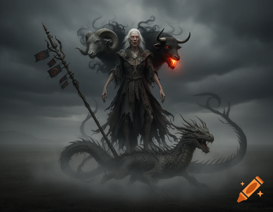 A ghoulish, old, skinny figure with white hair and fiery eyes stands on a dark dragon, holding a staff with flags. A ram's head and a bull's head with glowing red eyes emerge from a dark aura behind the figure. The scene is set in a misty, dark landscape under stormy skies.