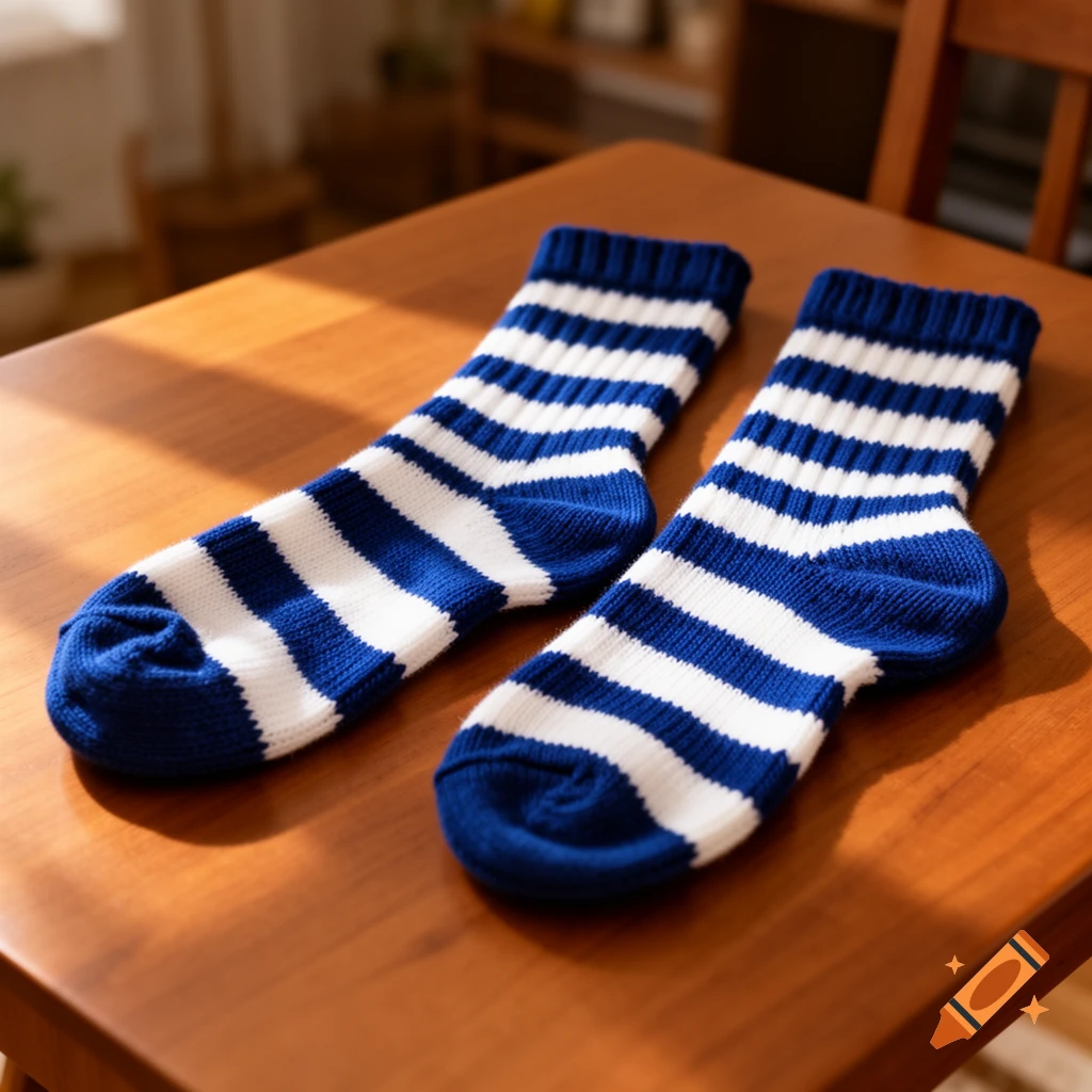 A pair of blue and white striped socks lies on a wooden table, lit by natural light.