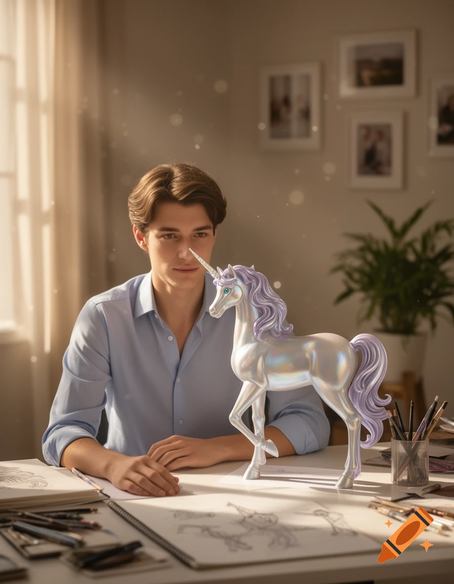 A young man with art supplies at a sunlit desk gazes at a shimmering unicorn figurine.