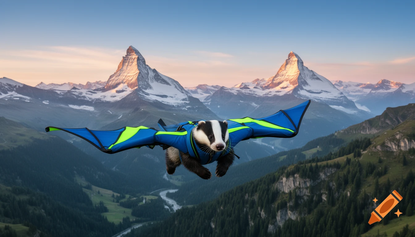 A photorealistic image of a badger in a blue and neon green wingsuit flying above a vast mountainous landscape with snow-capped peaks.