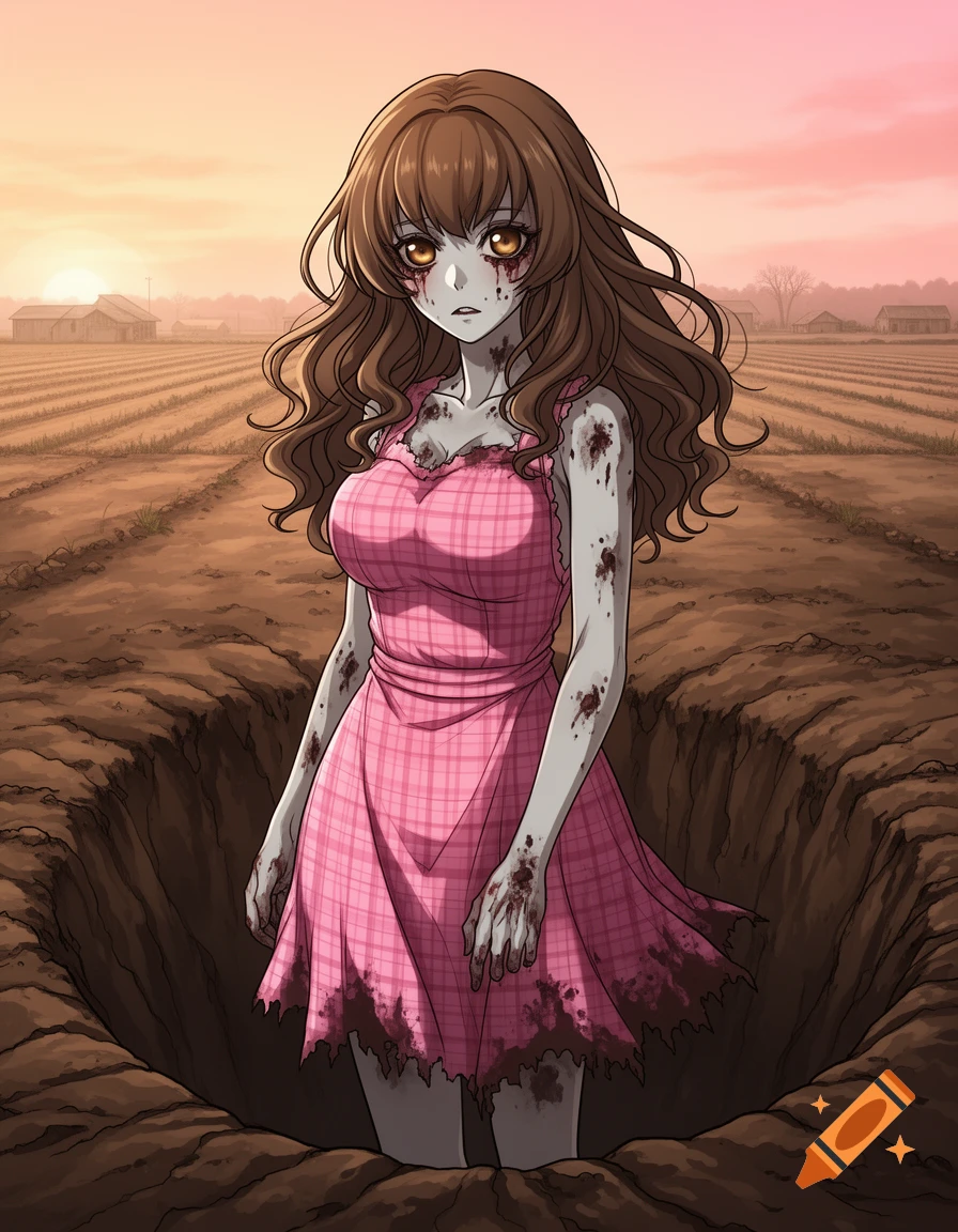 Anime zombie girl with brown hair and blood-stained pink plaid dress, standing over a large hole in a farm field at sunset.