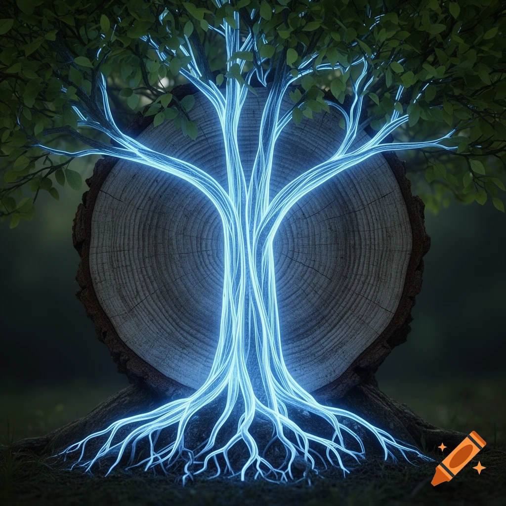 Glowing blue vein-like xylem and roots emerge from a tree trunk cross-section with green leaves against a dark background.