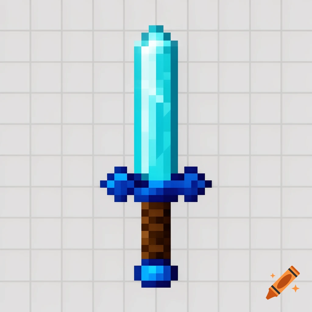 A pixelated blue and brown diamond sword, Minecraft style, on a light gray grid background.