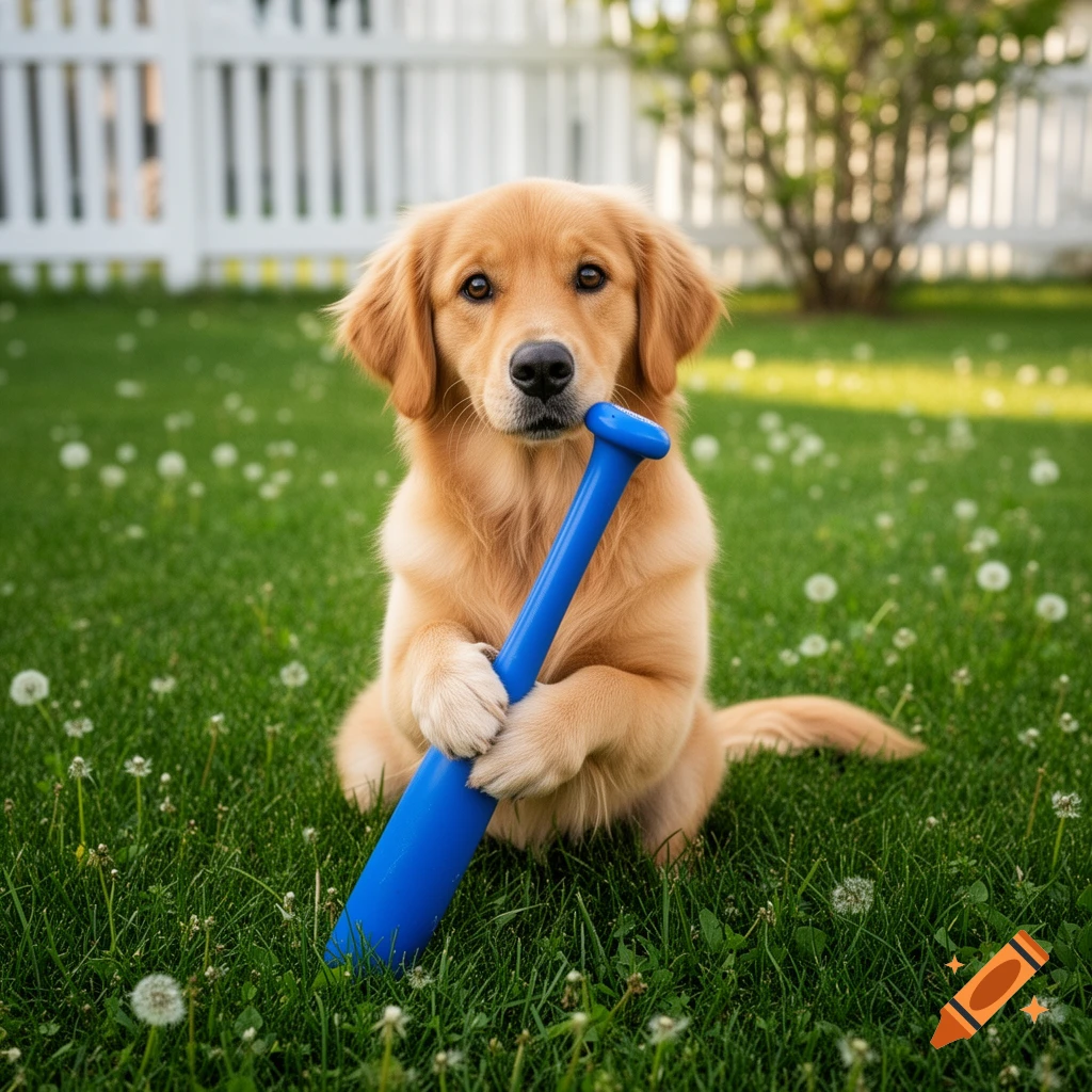 Photorealistic image of a golden retriever puppy sitting in green grass, holding a blue toy bat.
