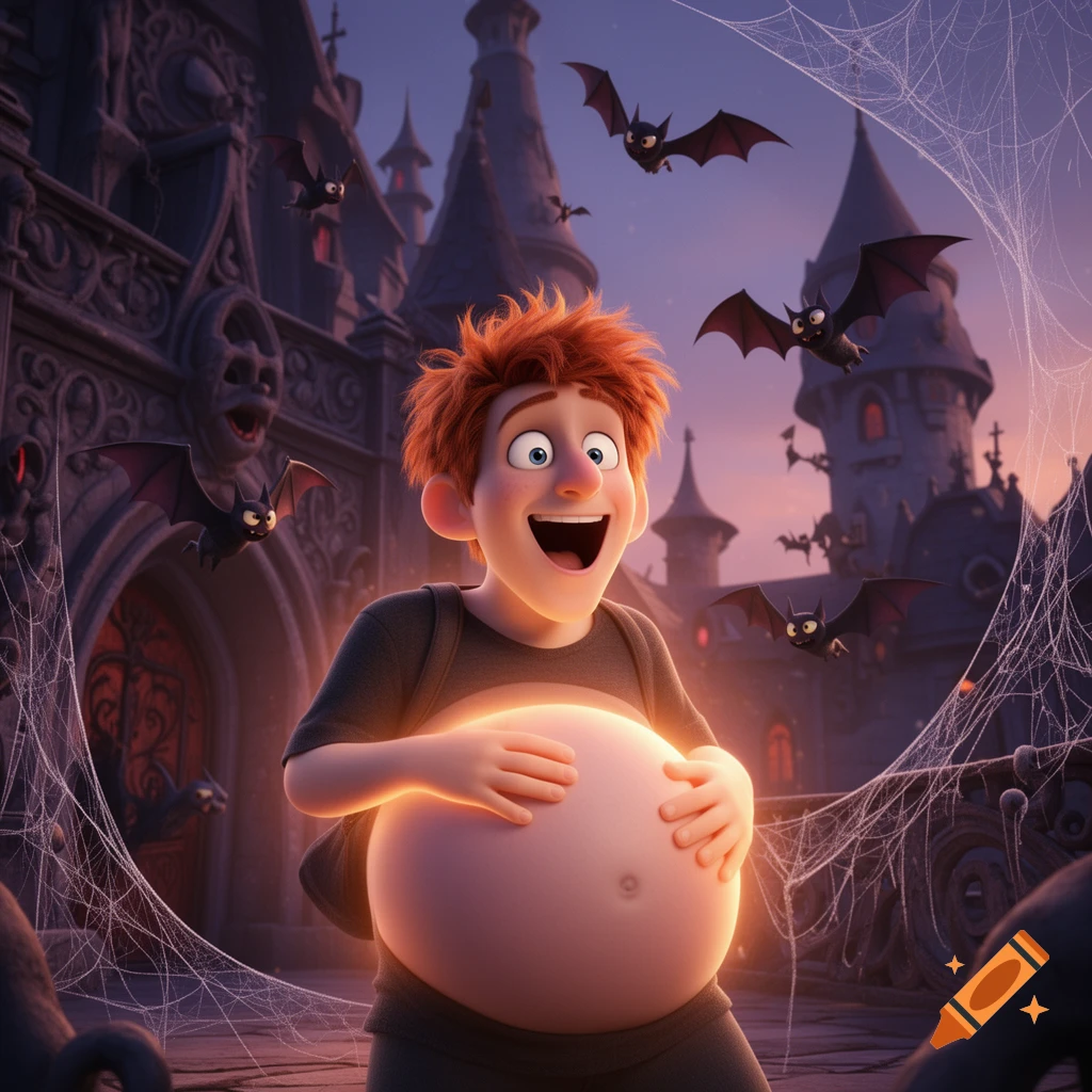 Cartoon character Jonathan from Hotel Transylvania holding his glowing pregnant belly outside a gothic castle with bats flying.