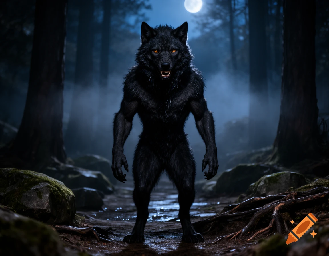 A photorealistic depiction of a menacing black werewolf standing on a forest path at night under a full moon.