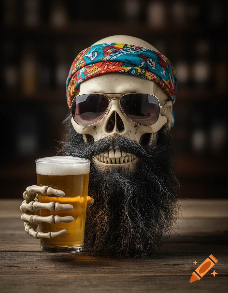Photorealistic image of a skeleton skull wearing a colorful bandana, aviator sunglasses, and a black beard, holding a glass of beer on a wooden bar counter.