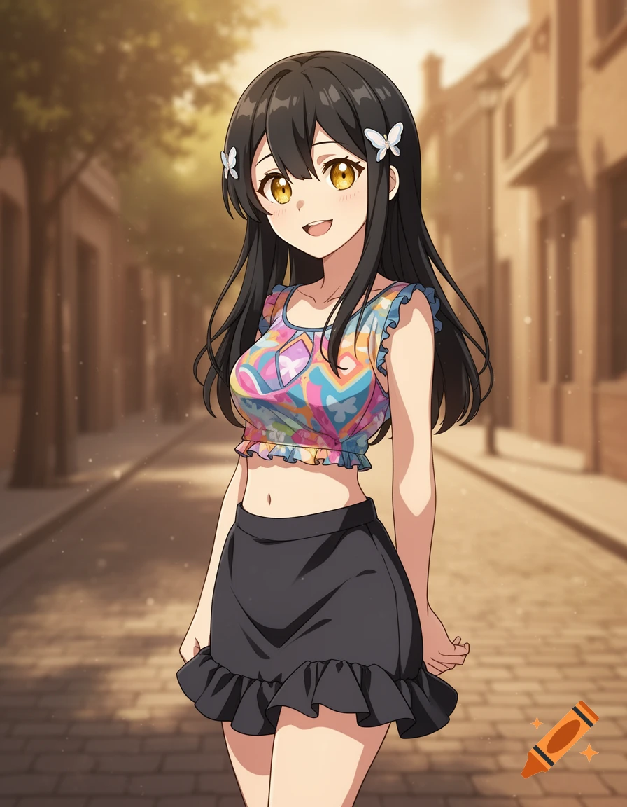 Anime girl with black hair and golden eyes, wearing a colorful crop top and black mini skirt, standing on a cobblestone street.