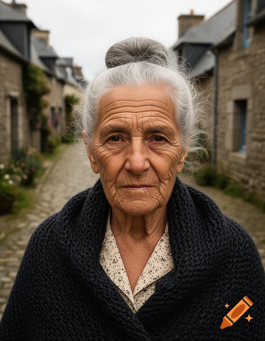 Photorealistic portrait of an old woman with grey hair, wrinkled face, and dark shawl on a cobblestone street in a village.