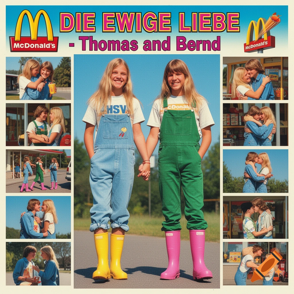 A vintage-style collage features two smiling teenagers, Thomas and Bernd, in overalls and colorful rain boots, holding hands. Surrounding small photos show them hugging and kissing in various outdoor and McDonald's restaurant settings.