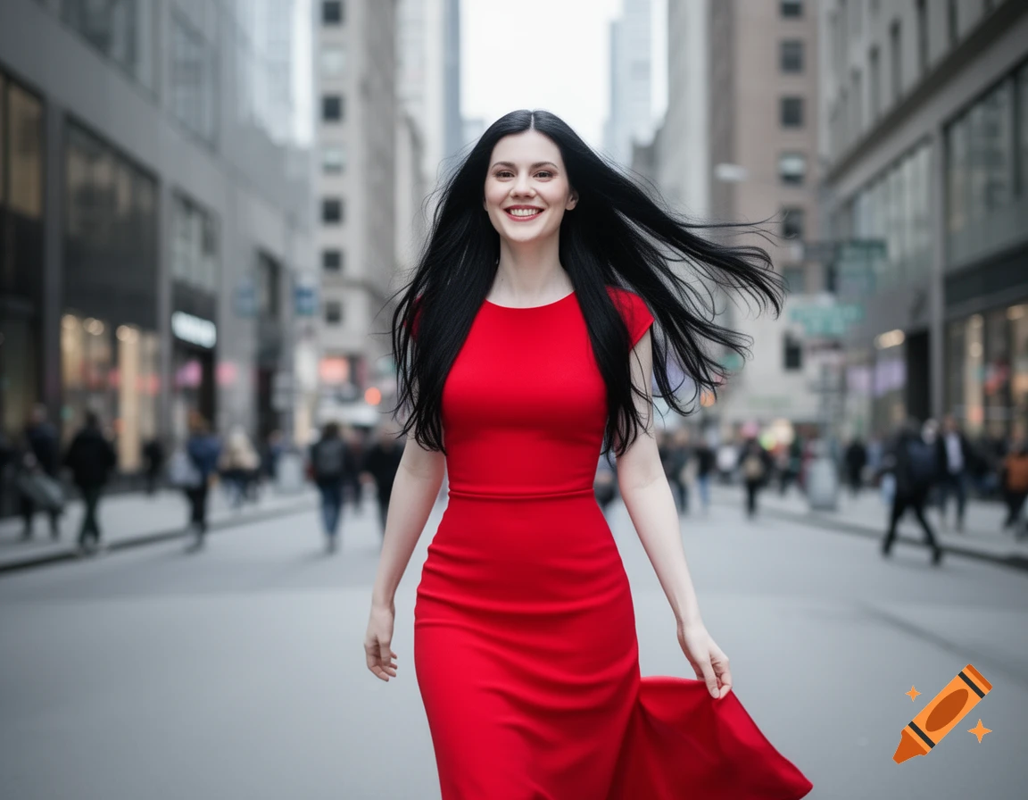 A smiling woman with long black hair wearing a red dress walks down a city street, her hair blowing in the wind.
