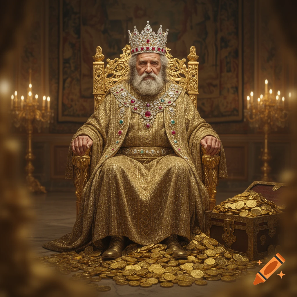 Elderly king with a white beard wearing an ornate golden robe and bejeweled crown sits on a golden throne, surrounded by piles of gold coins in a grand hall.