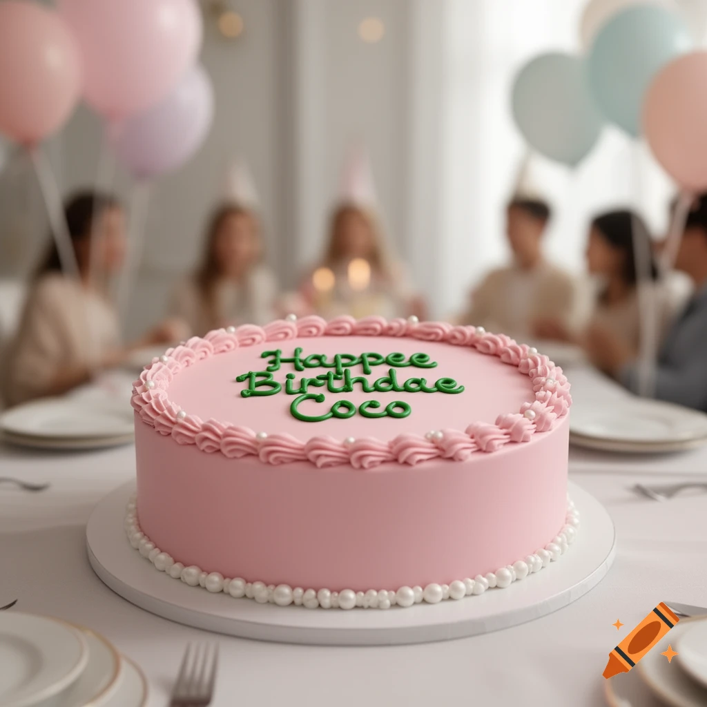 Photorealistic close-up of a pink birthday cake with "Happee Birthdae Coco" in green frosting, white pearl trim, balloons and blurred partygoers in the background.