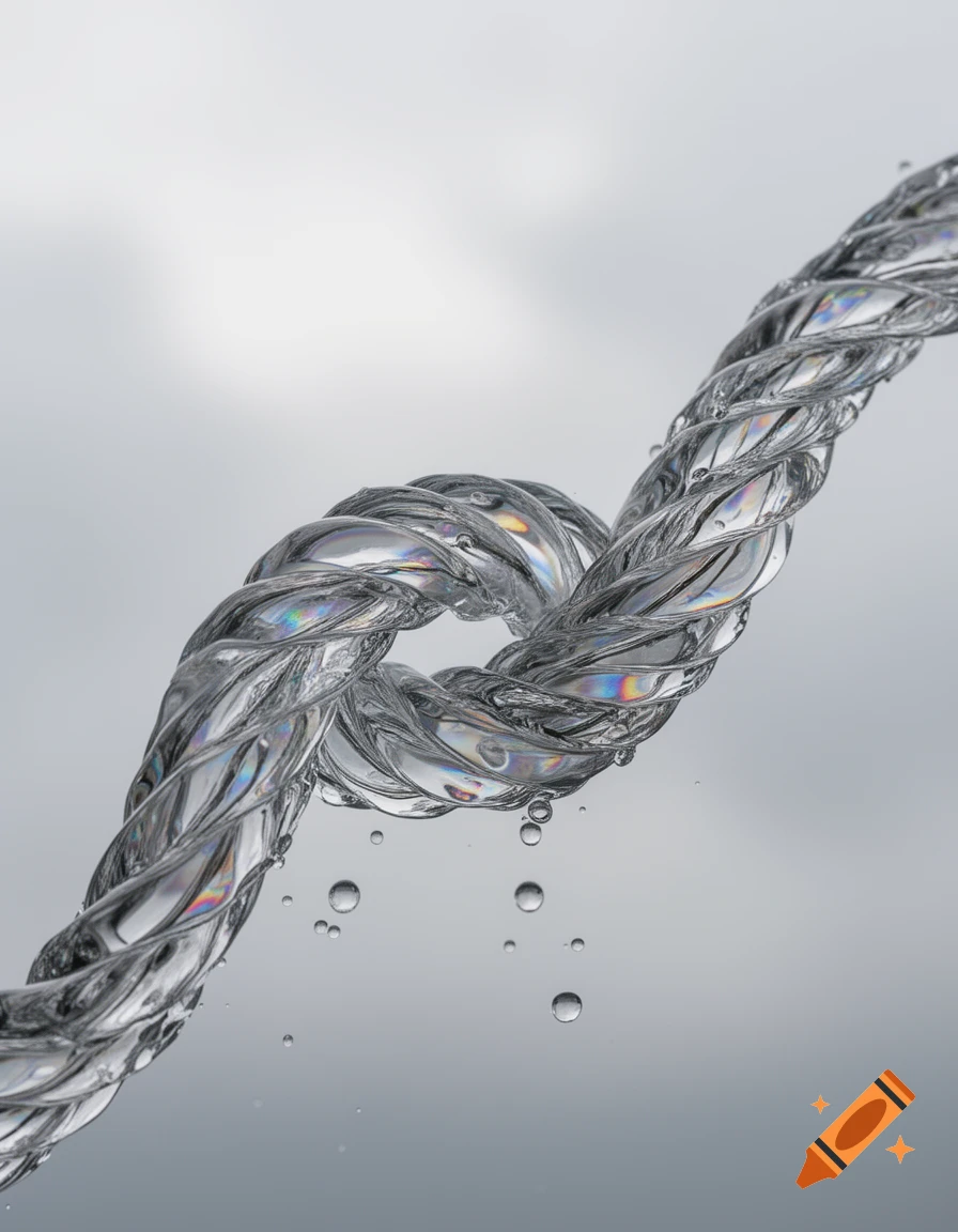 A photorealistic knot in a shimmering water rope with droplets falling, against a bright, out-of-focus background.