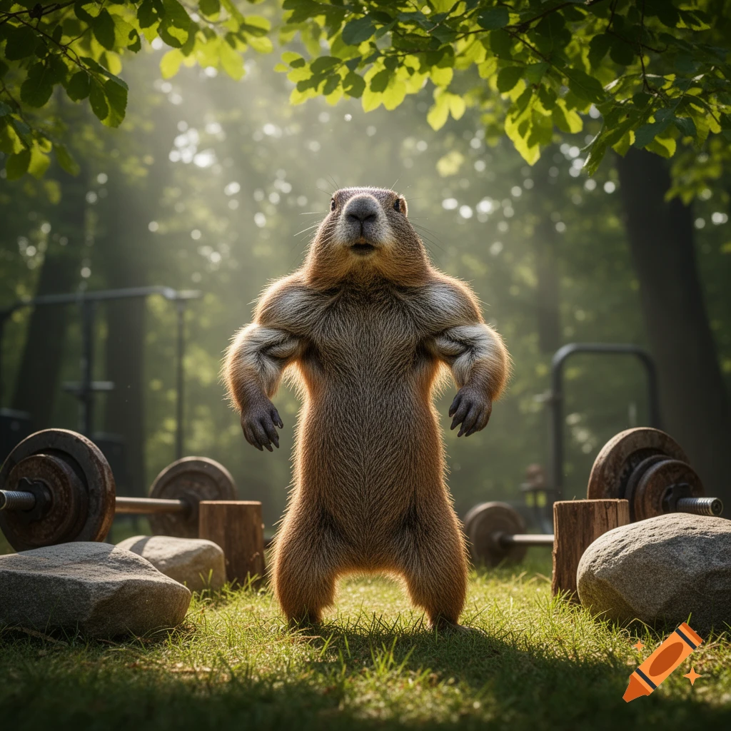 A muscular gopher stands upright in a forest gym, surrounded by barbells and rocks, bathed in sunlight.
