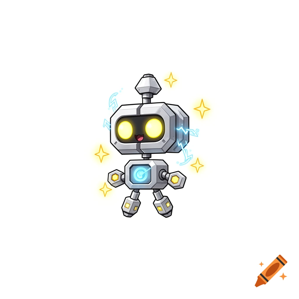 A cute tiny floating metallic robot pet with glowing yellow eyes, chibi cartoon style.