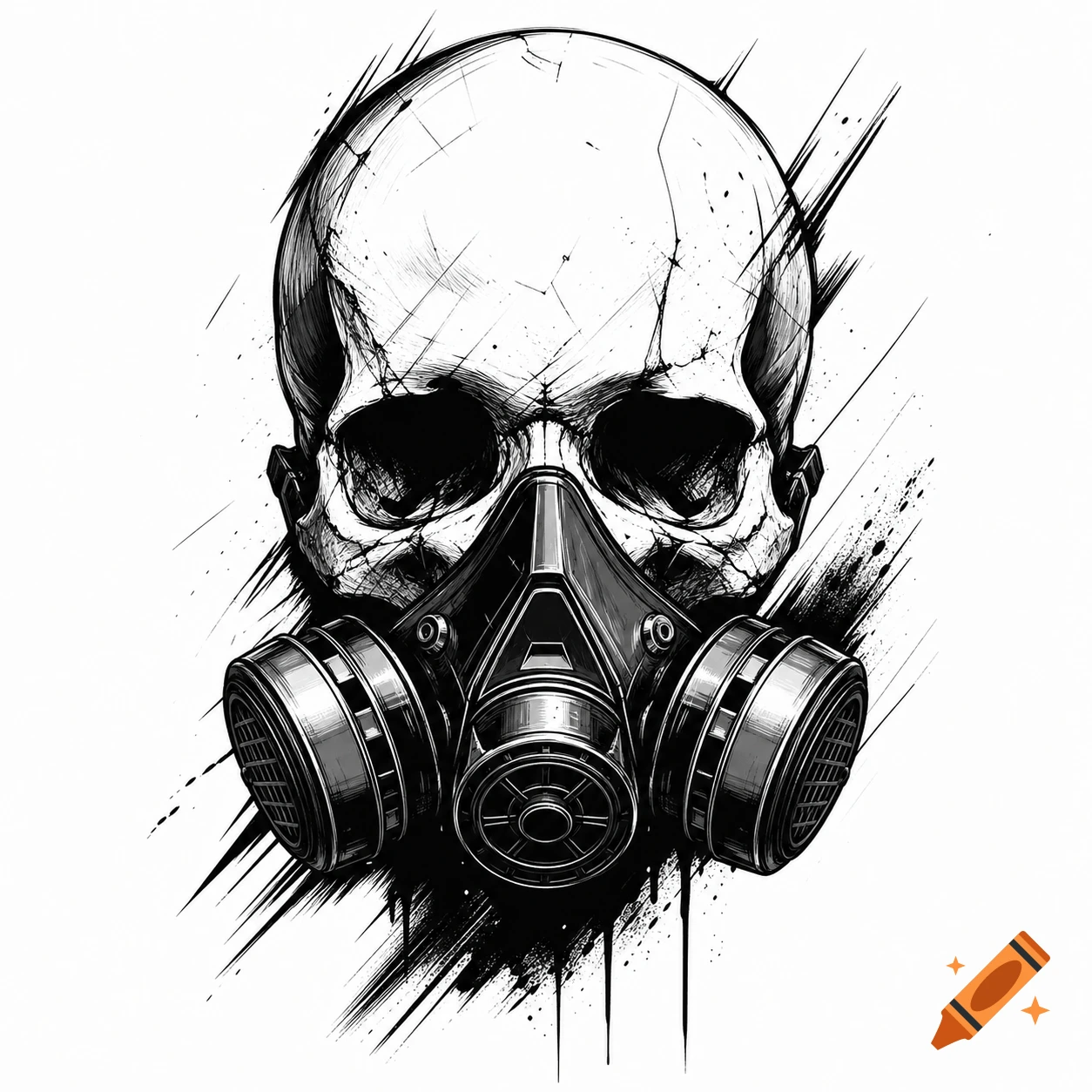 Black and white graphic art illustration of a skull wearing a gas mask, with scratchy lines and ink splatters.
