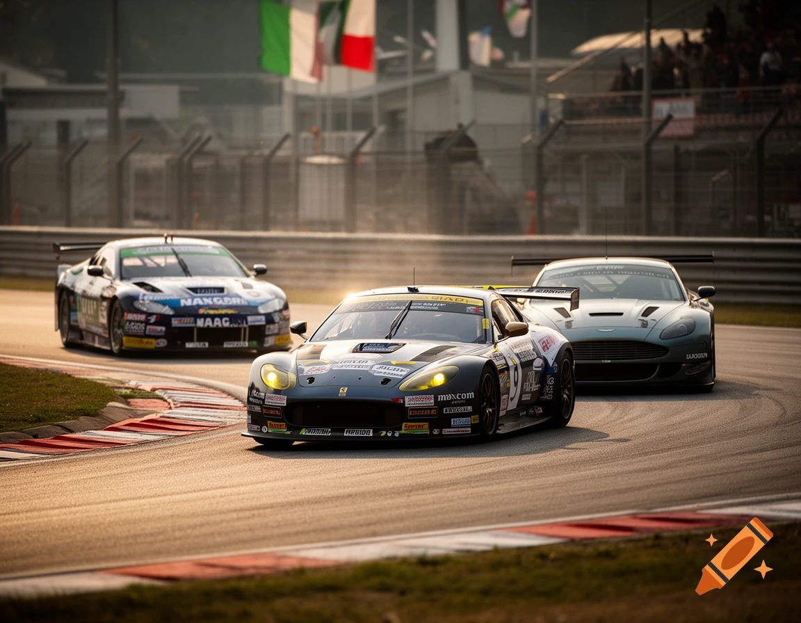 Photorealistic image of three racing cars navigating a turn on a track with Italian flags in the background.