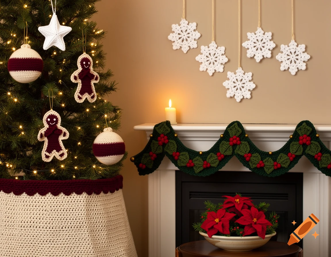 Christmas tree and mantel with handmade crochet decorations: gingerbread, star, bauble ornaments, snowflake garland, and poinsettias.