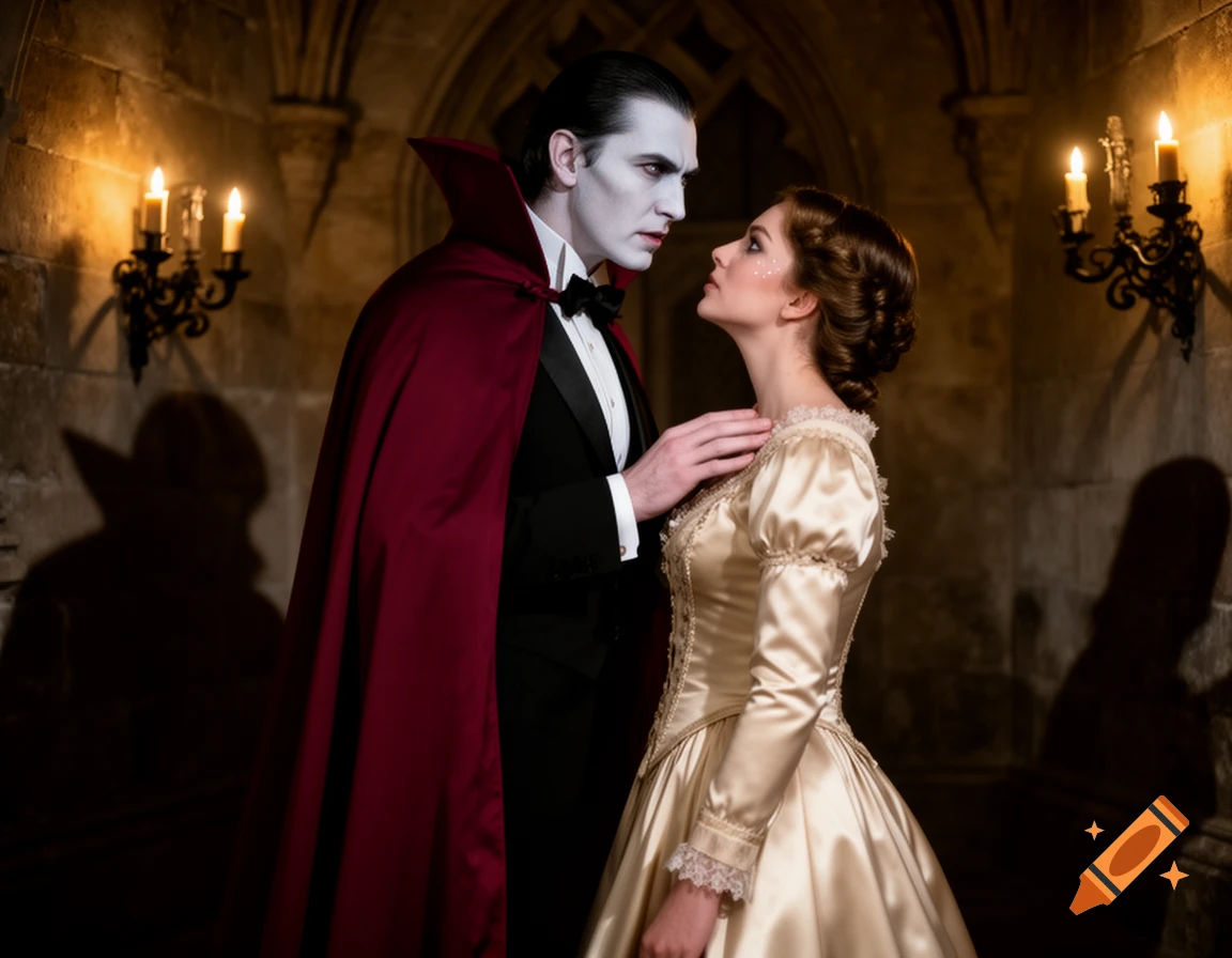 Dracula in a red cape and tuxedo gazes at a woman in a cream gown in a candlelit stone castle, photorealistic.