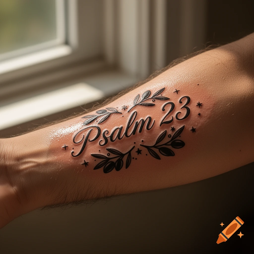 Photorealistic tattoo of 'Psalm 23' with olive branches and stars on a person's forearm.