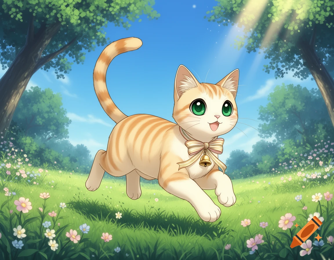 An adorable anime-style ginger cat with green eyes and a bow collar runs happily through a sunny grassy field with flowers and trees.