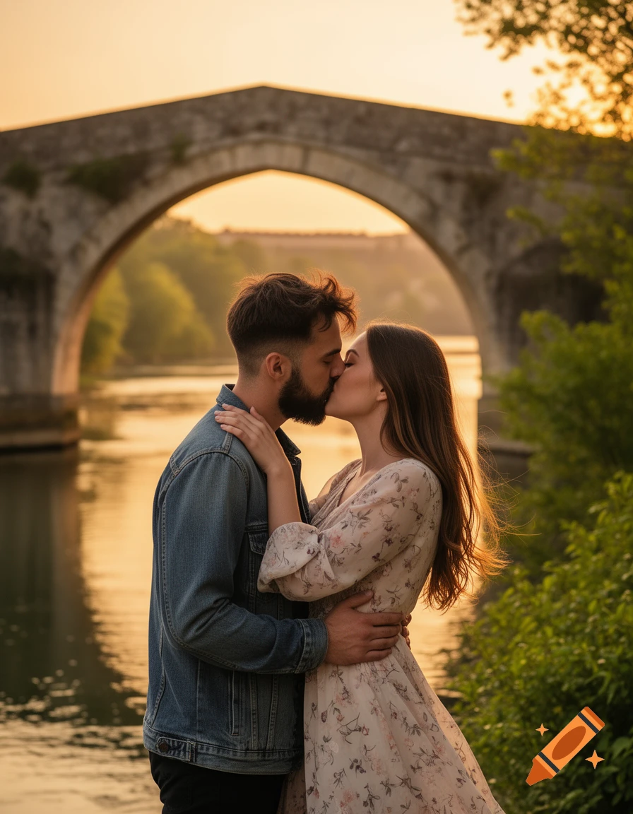 A romantic couple kisses passionately under an old stone bridge over a river during sunset, with golden light.