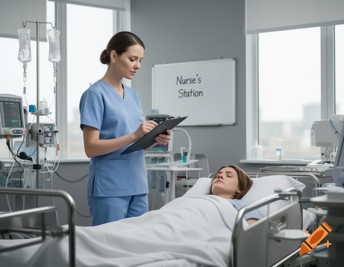 A photorealistic image of a nurse in blue scrubs writing on a clipboard beside a sleeping patient in a hospital bed.