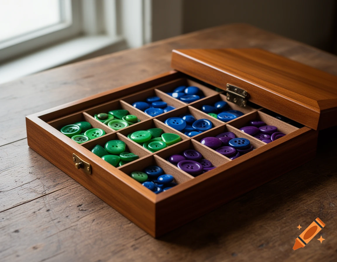 A wooden box with compartments filled with green, blue, and purple buttons, sitting on a wooden table.