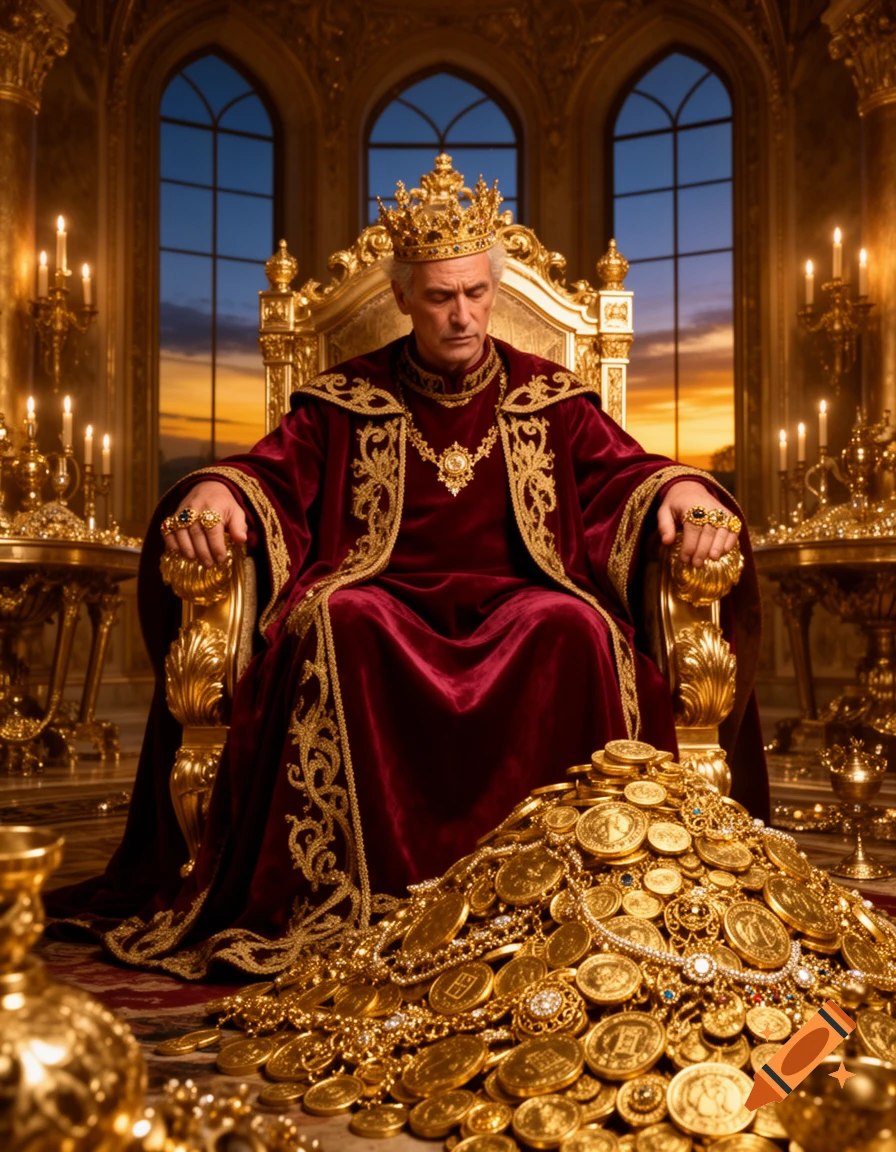 A king in a red and gold robe, wearing a crown, sits on a golden throne amidst mountains of gold coins and jewels in a grand hall.