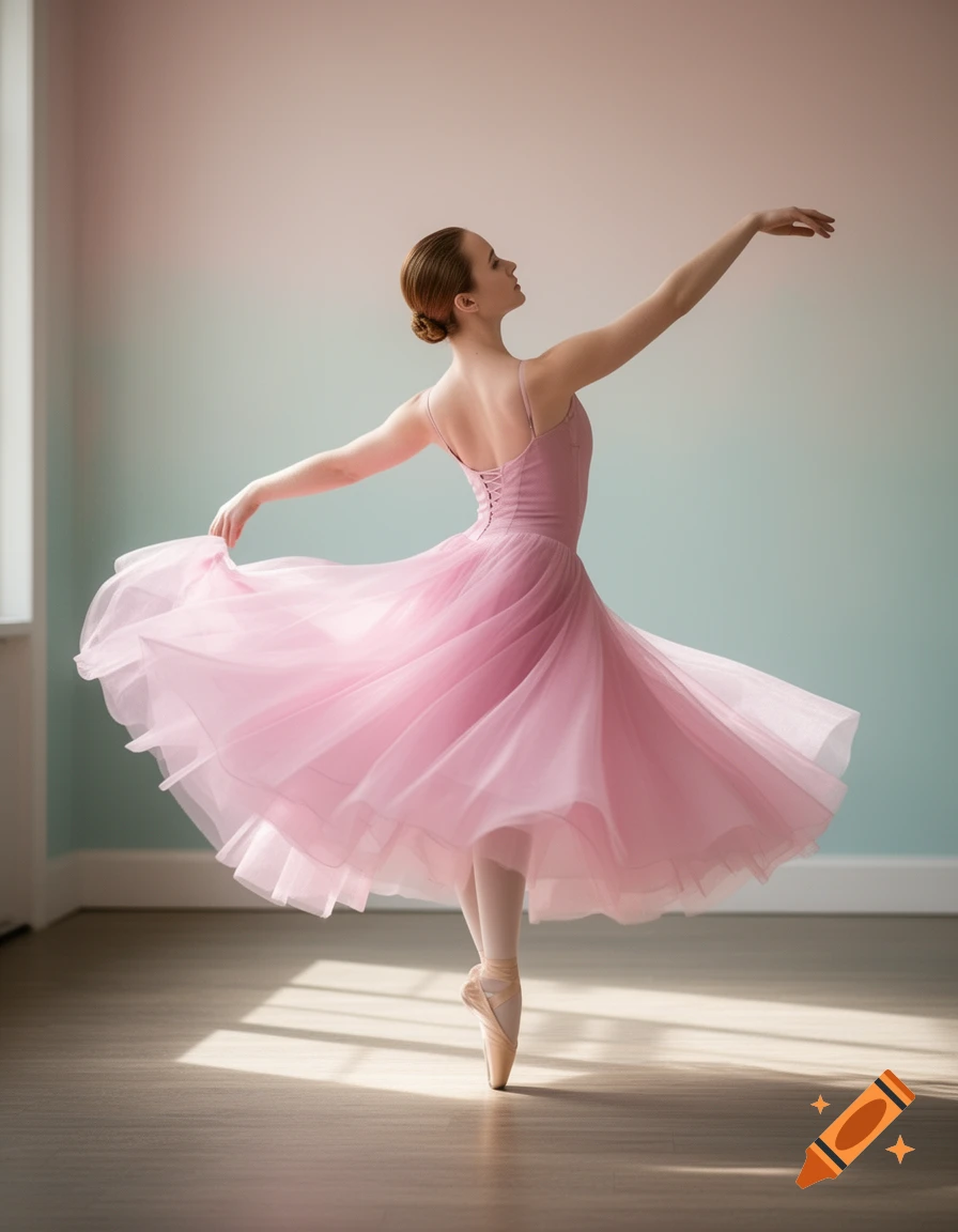A ballerina in a pink tutu gracefully dances en pointe on a wooden floor, bathed in soft window light.