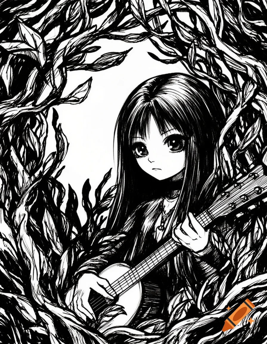 Black and white ink illustration of a long-haired anime girl holding a guitar, framed by dense, swirling organic shapes.