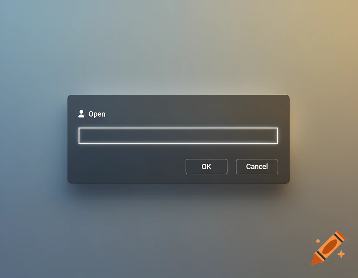 A dark gray minimalist dialog box with an 'Open' label, an input field, and 'OK' and 'Cancel' buttons on a blurred background.