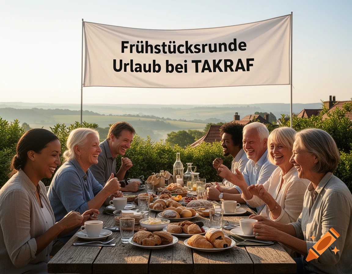 A diverse group of people laughing while eating an outdoor breakfast at a wooden table, with a scenic valley in the background and a banner above.