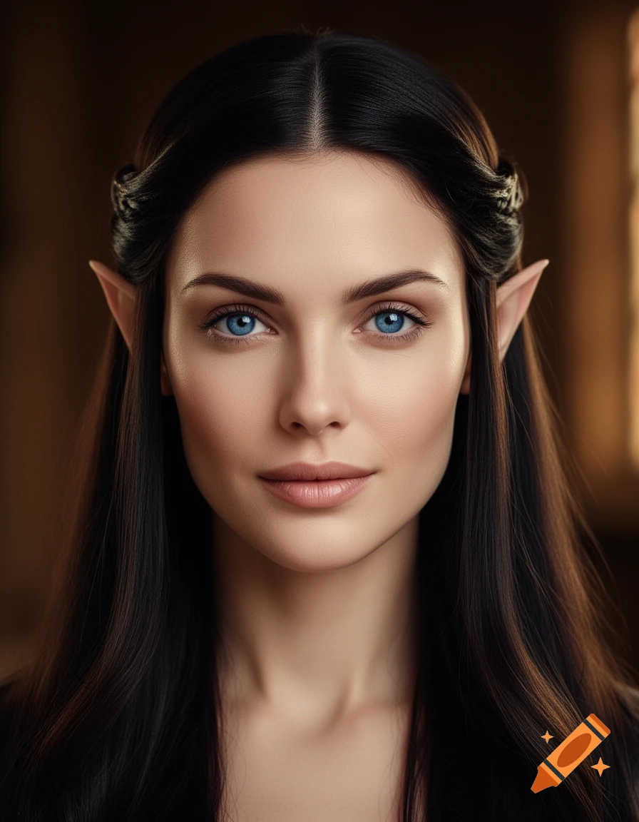 Photorealistic portrait of a woman with long dark hair, striking blue eyes, and pointed elven ears looking forward.