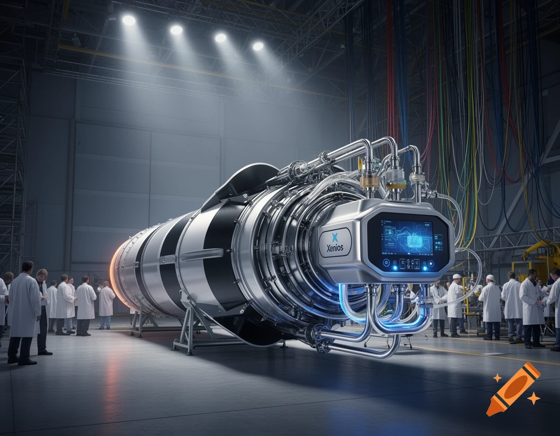 Photorealistic image of a large, complex silver and black cylindrical machine in a brightly lit factory, with scientists in lab coats examining it. A screen on the machine displays 'Xenios'.