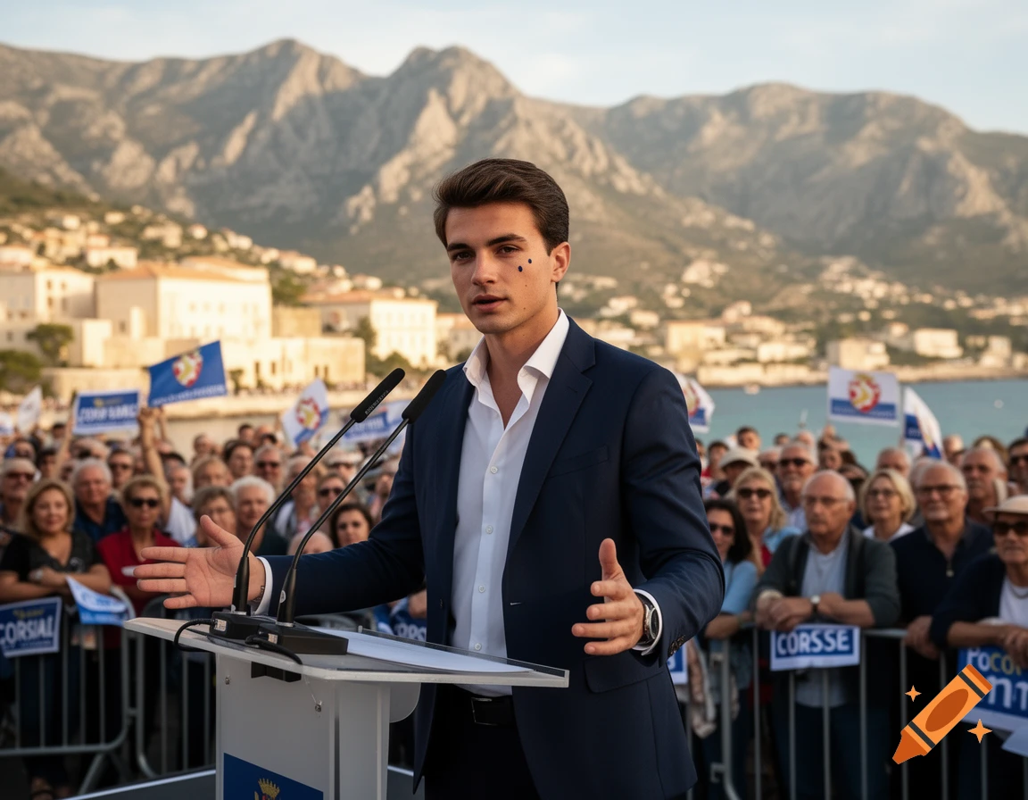 Photorealistic image of a young male politician speaking at a podium before a large crowd with mountains in the background.