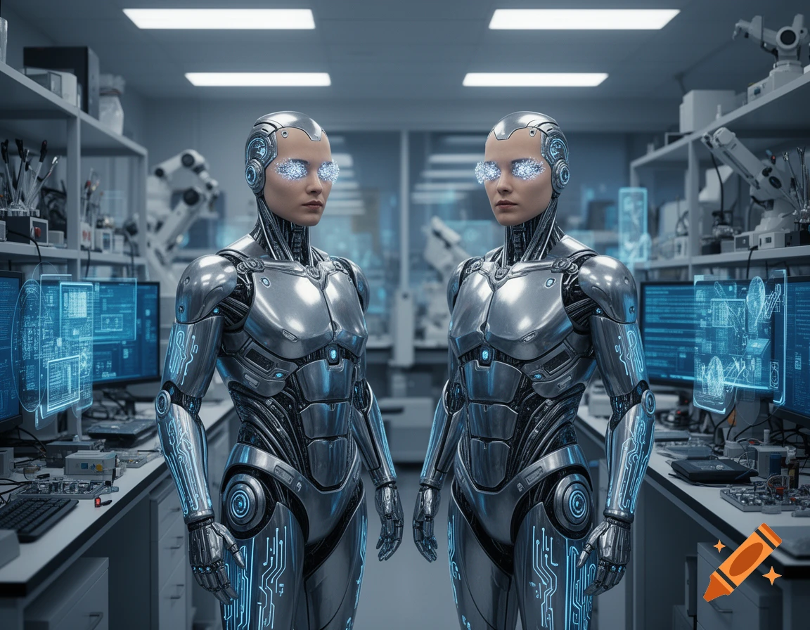 Two metallic humanoid robots with glowing eyes and circuit patterns stand in a futuristic laboratory.