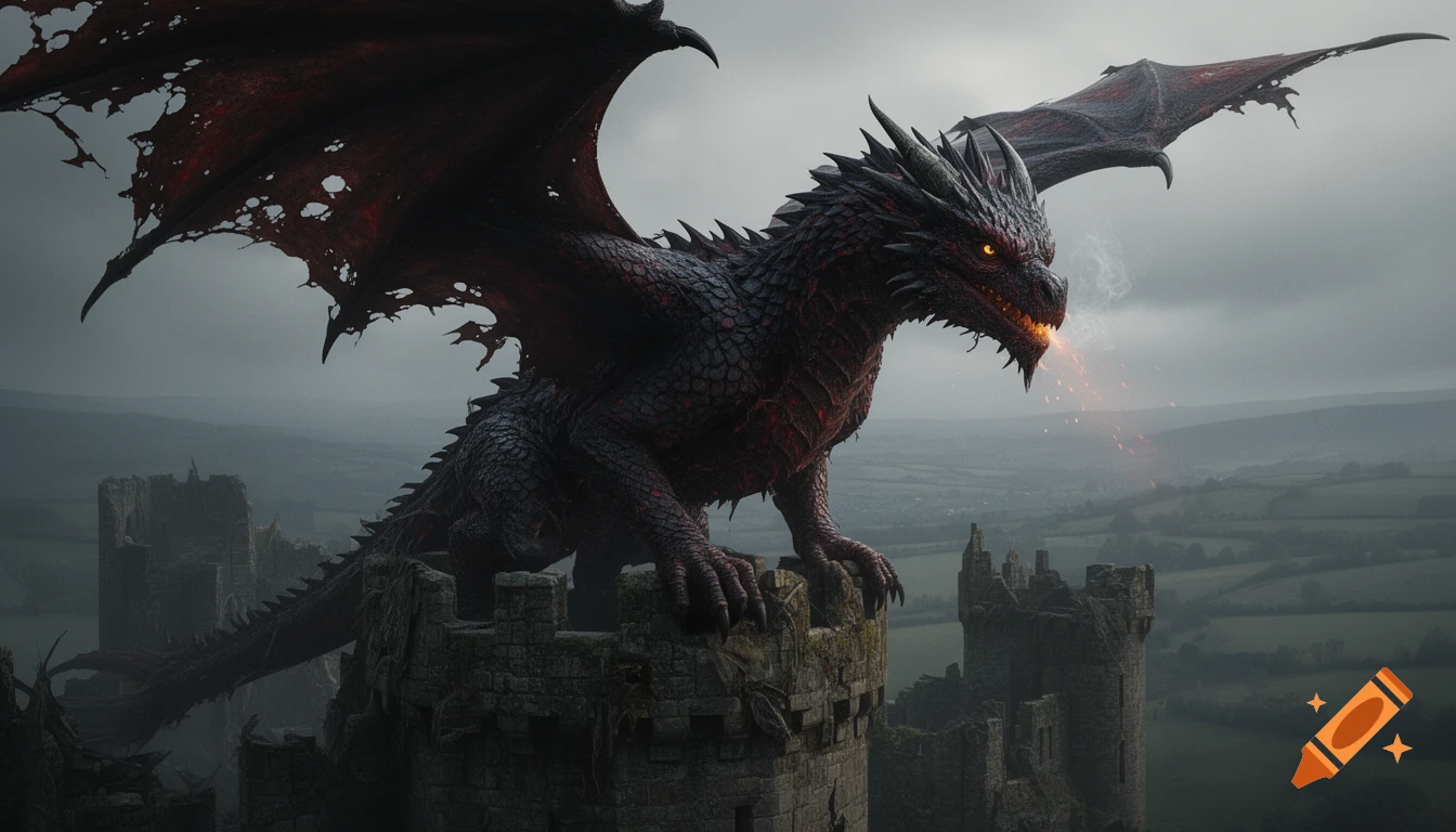 A massive, hyper-realistic dark fantasy dragon with red-black scales and tattered wings perches on a ruined castle, exhaling embers, in a misty medieval landscape.